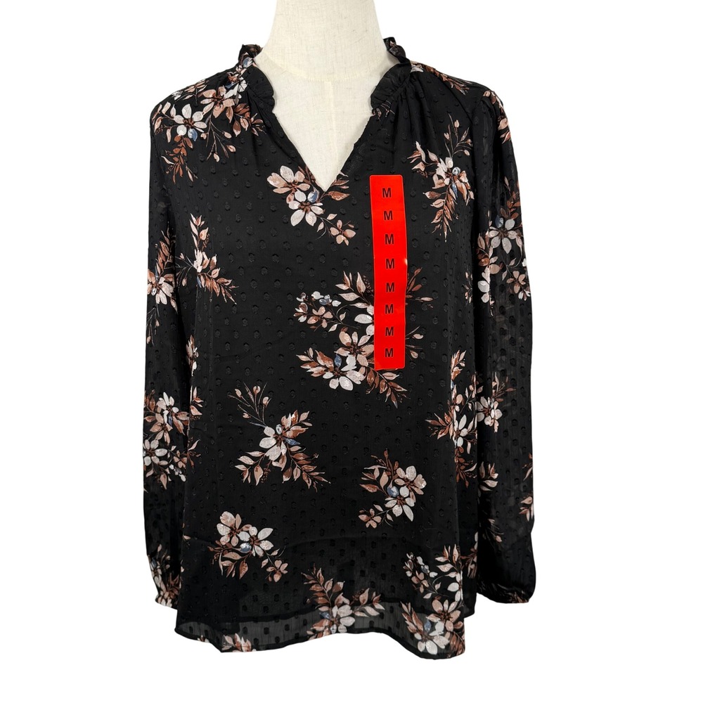 Hilary Radley M Blouse Blk Floral Clip Swiss Dot V Neck‎ Elegant Lightweight NEW